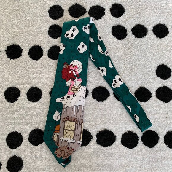 Vintage 1993 Pink Panther Christmas Tie Green Silk Inspector Clouseau Retro - Picture 1 of 8